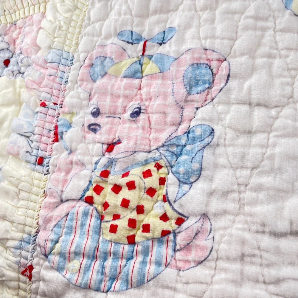 Vintage Quilted Baby Blanket Pastel Ruffled Circus Animal Elephant Bear Bunny